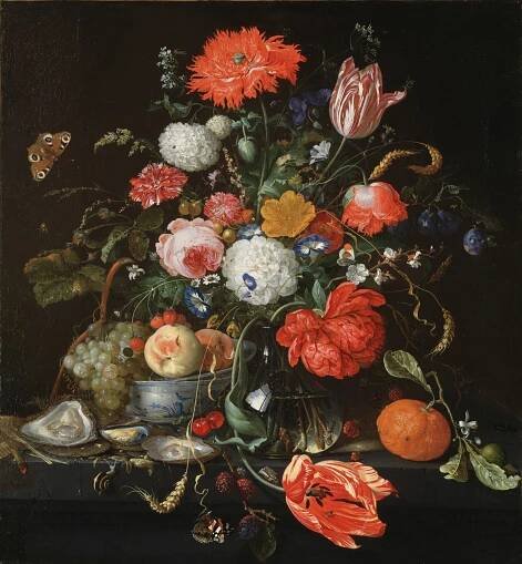 Flower Still Life with a Bowl of Fruit and Oysters