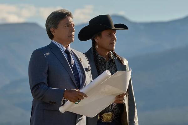  Gil Birmingham as Thomas Rainwater and Mo Brings Plenty as Mo on episode 509 of Paramount Network's Yellowstone