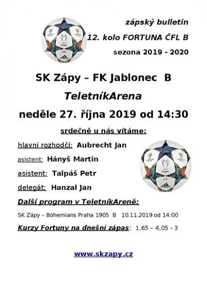Program SK Zápy - FK Jablonec B
