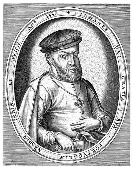 Jan III., portugalský král, půl délky napravo, v pravé ruce držel rukavice. Portrét v oválném rámečku s nápisem na okraji v latině. — Stock obrázek