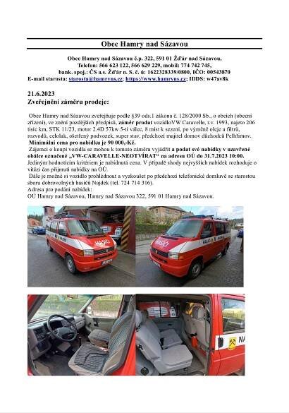 Obec Hamry nad Sázavou zveřejňuje záměr prodeje vozidla VW...