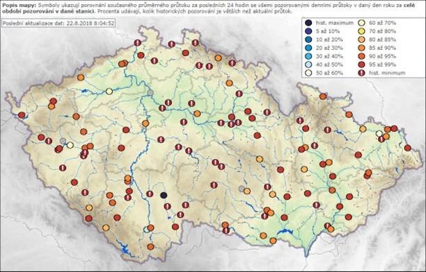 Přehled aktuální vodnosti v tocích ve srovnání s dlouhodobým pozorováním. - GALERIE: Česko má za sebou nejsušší týden prázdnin (2/3)