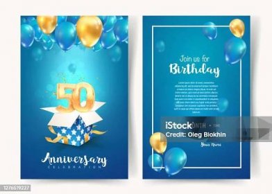Stock ilustrace Oslava 50 Narozenin Vektorové Pozvánky Brožura Oslav Padesátiletého Výročí Šablona Pozvánky K Tisku Na Modrém Pozadí – stáhnout obrázek nyní