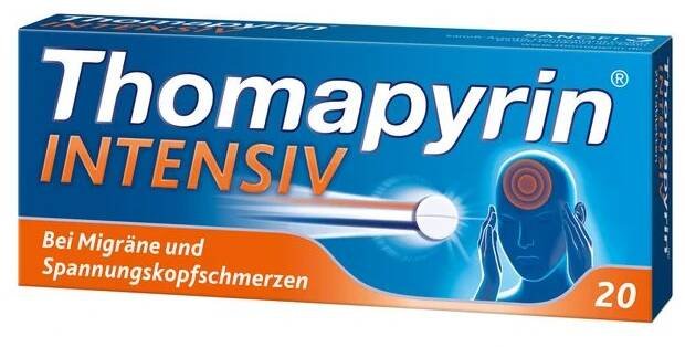 Packung Thomapyrin INTENSIV. Blaue Schachtel mit weißer Tablette und Illustration.