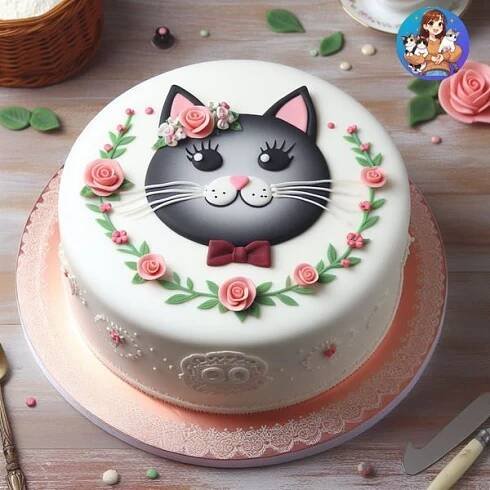 a cake decorated with a cat and flowers