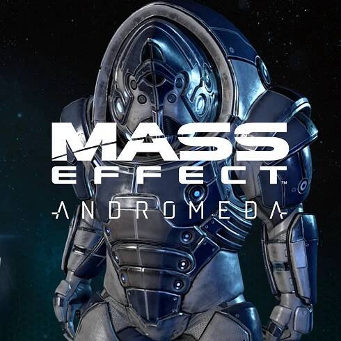 An armoured krogan combat unit looking forward with two caches on the left.