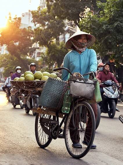 A woman wearing a typical vietnamese hat pushes her bicycle loaded with baskets down a busy street in Hanoi.
