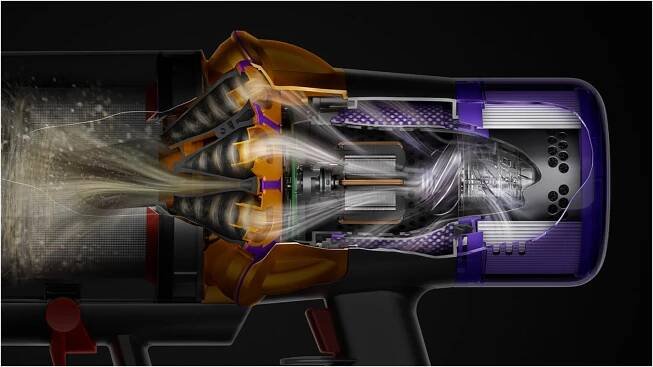 A cutaway of the side of a Dyson V15s Detect Submarine showing debris being filtered throughout the machine.