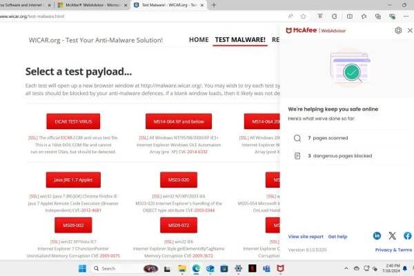 Testoval jsem antivirus McAfee na Wicar.org a zablokoval malware.