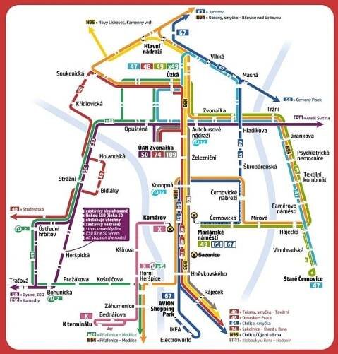 Jak se změní trasy a zastávk linek brněnské MHD kvůli třetí fázi oprav Hněvkovského v Brně. Pro zvětšení klikněte.