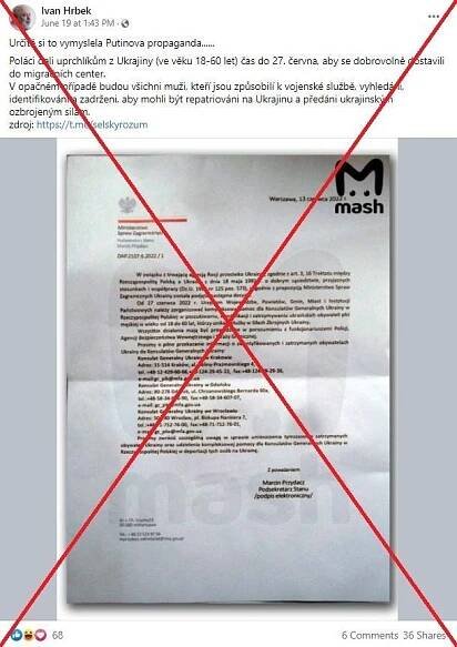 Zfalšovaný dopis šíří dezinformaci o tom, že Polsko chce zadržet a vyhostit ukrajinské muže ve věku 18-60 let - CEDMO