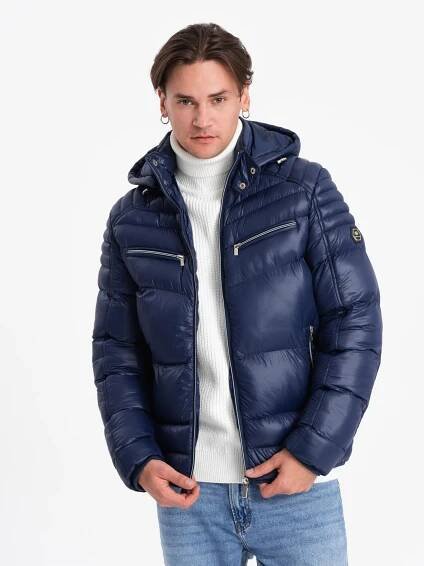 Ombre Clothing Tmavě modrá pánská prošívaná zimní bunda Ombre Clothing