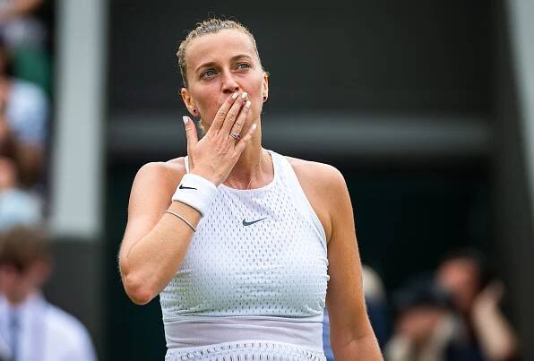 Petra Kvitova of the Czech Republic celebrates a tennis victory.