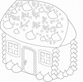 a drawing of a gingerbread house with lots of candy on the roof and windows