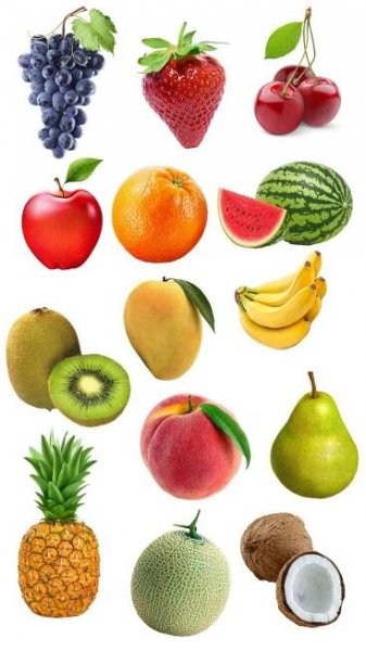 an image of various fruits and vegetables on a white background, including bananas, apples, watermelon, kiwi, oranges