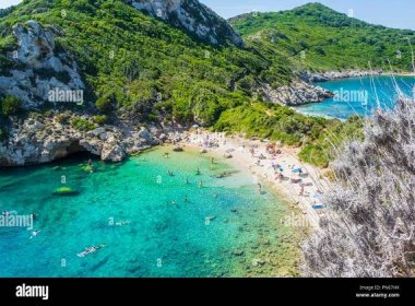 Corfu, Greece - August 23, 2018: Tourists visit hidden Porto Timoni ...