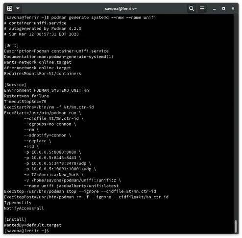Using podman generate to create a systemd service unit file that can be used to start podman containers on boot.