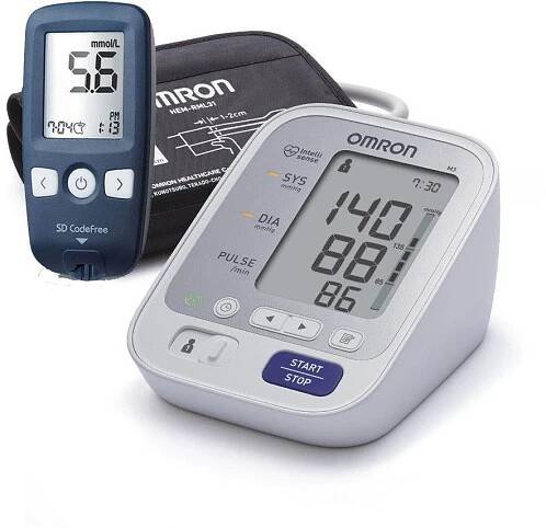 OMRON M3 s barevným indikátorem hypertenze + Glukometr SD Codefree (výhodný SET)
