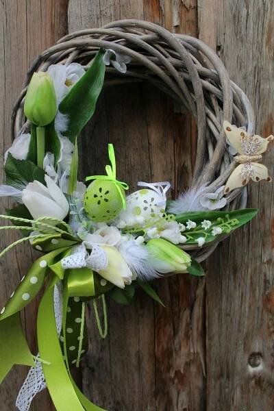 Easter Wreath with White Flowers and Green Ribbon