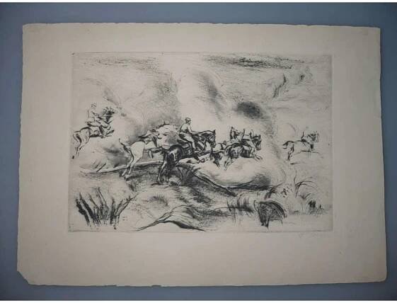 Alex Adolf Jelínek (1890 - 1957) - Vojenská jízda - lept, grafika, signováno