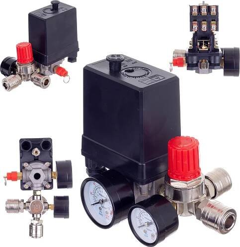 Tlakový spínač pro kompresory s regulátorem tlaku a 2 manometry 400V 1/4" Technic PL400-2