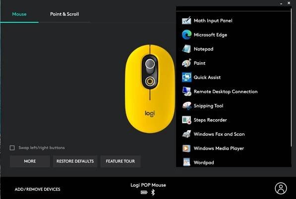Logitech Pop Mouse app options in Options app