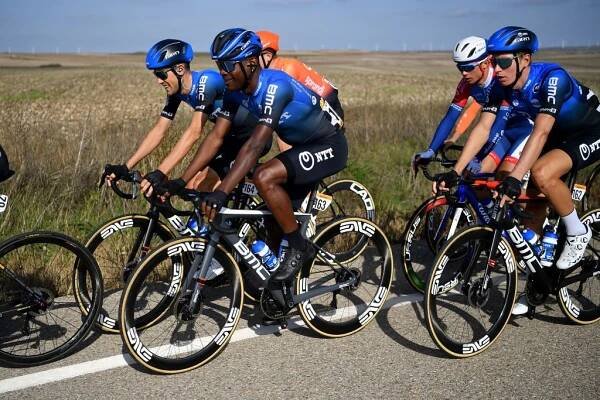 AGUILAR DE CAMPOO SPAIN  OCTOBER 29 Ben Dyball of Australia and NTT Pro Cycling Team  Nicholas Dlamini of South Africa and NTT Pro Cycling Team  Stefan De Bod of South Africa and NTT Pro Cycling Team  Peloton  during the 75th Tour of Spain 2020 Stage 9 a 1577km stage from Cid Campeador Military Base Castrillo del Val to Aguilar de Campoo  lavuelta  LaVuelta20  on October 29 2020 in Aguilar de Campoo Spain Photo by Justin SetterfieldGetty Images