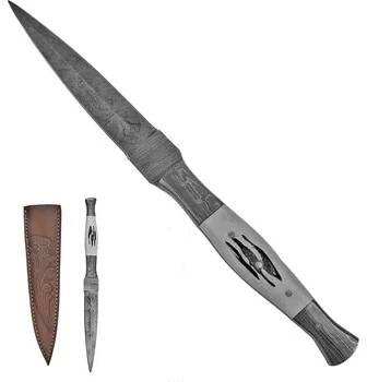 Tenký damaškový nůž "TOOTHPICK" s koženým pouzdrem