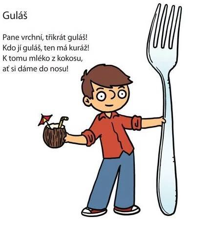 a boy is holding a plastic fork and an acorn in his hand with the words gulas on it