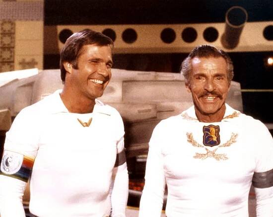 BUCK ROGERS IN THE 25th CENTURY, from left, Gil Gerard, Buster Crabbe, aired September 27, 1979