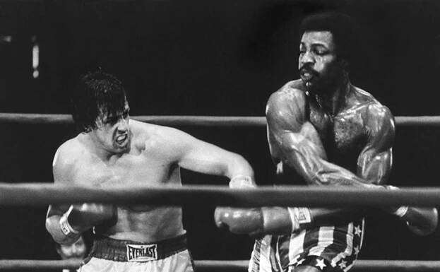 "Rocky" (1977):  Sylvester Stallone, left, as struggling boxer Rocky Balboa, gets his shot at the championship against Carl Weathers as Apollo Creed in this best picture winner. Like its hero, "Rocky" was an underdog, a low-budget film written by Stallone, then an unknown actor, that became one of the decade's biggest sleeper hits. Stallone would go on to make five sequels.