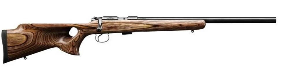 Malorážka CZ 455 THUMBHOLE s laminátovou pažbou a kovanou hlavňou bez mieridiel, vhodná na športovú streľbu a lov.