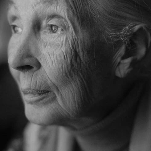 Close up photo of the 90-year-old face of the primatologist Jane Goodall.