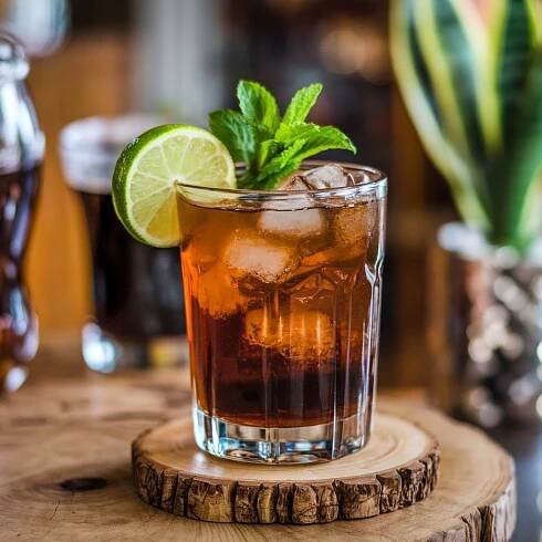 Koktejl cuba libre obsahuje kolu, rum, limetku a led. Zdroj: Ideogram.AI