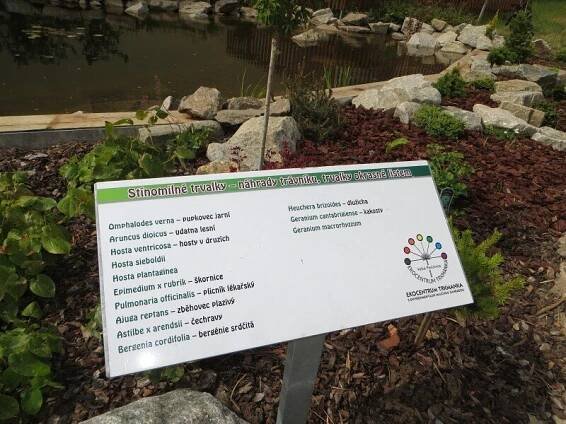 Ekocentrum Trkmanka * Environmentální zahrada s novou dřevěnou lavičkou a rostlinkami