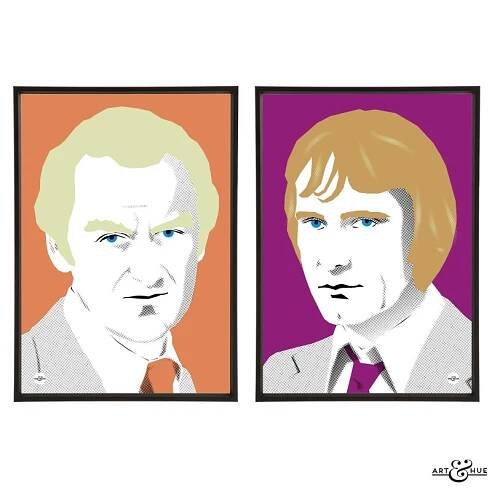 Pair of 1970s cops prints illustrated by Art & Hue with The Sweeney's John Thaw & Dennis Waterman