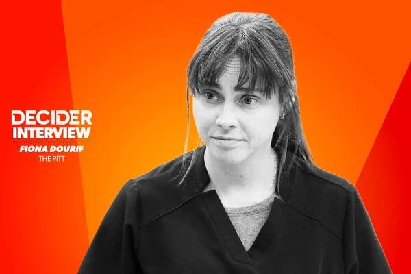 Fiona Dourif in black and white on an orange background
