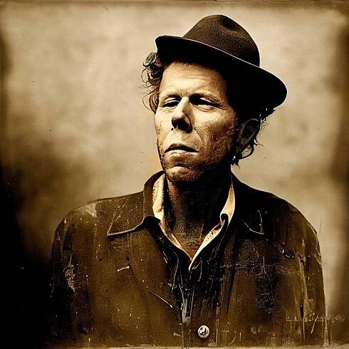A vintage sepia photograph of Tom Waits, scratched, dirty, weathered, patina, F1.4, realistic, extreme detail