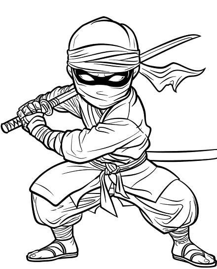 Ninja Warrior in Action Coloring Page - A ninja warrior with a katana, ready to strike in a dynamic pose.