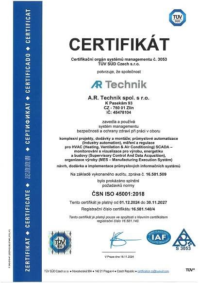 AR Technik - Certifikát ČSN ISO 45001:2018