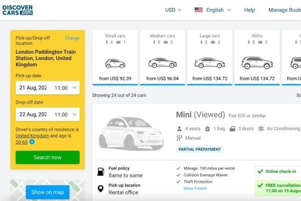 Discover Cars Search Results page from my rental review