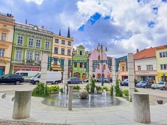 Vysoke Myto- Czech- 25 April 2024. Original modern fountain on the city ...