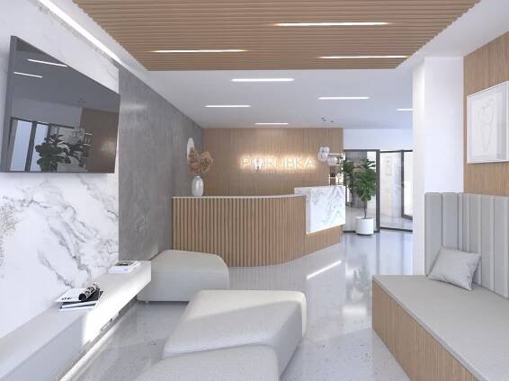 návrh interiéru, návrh kliniky, interiér kliniky, zubní klinika, dřevo, dřevo v interiéru, dřevěný podhled, podsvětlený podhled, osvětlení stropu, mramor, mramorová recepce, mramorový obklad, beton, beton v interiéru, betonová stěrka, ordinace, návrh ordinace, moderní klinika, architekt brno, architekt ostrava, zubní klinika porubka
