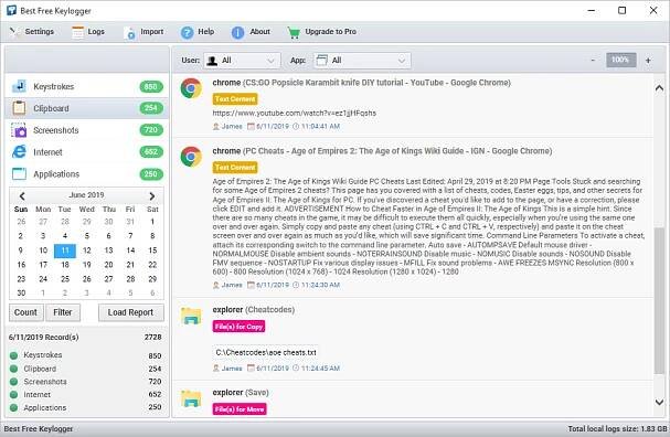 Zwischenablage-Datensätze von Best Free Keylogger