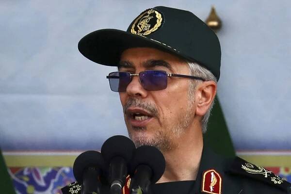 Chief of the General Staff of Iran's Armed Forces Gen. Mohammad Hossein Bagheri addresses during a military parade in 2022.