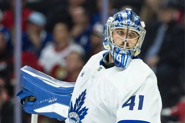Toronto Maple Leafs goalie Anthony Stolarz (41) taking a break during game six of the first round of the 2025 Stanley Cup Playoffs against the Ottawa Senators