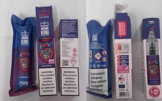 Vyhlášení nebezpečného výrobku: Jednorázové elektronické cigarety zn. AROMA KING TORNADO 7000 puffs, 20 mg/ml, objem 14