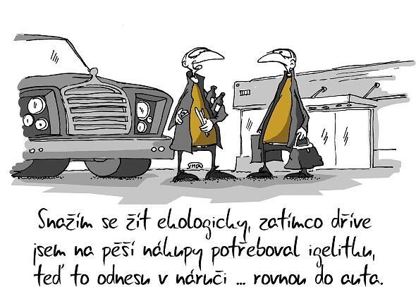 Ekologické nakupování, kreslený vtip | Kurzy.cz