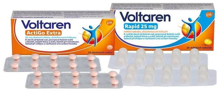 Voltaren Actigo Extra 25 mg obalené tablety a Voltaren Rapid 25 mg měkké tobolky
