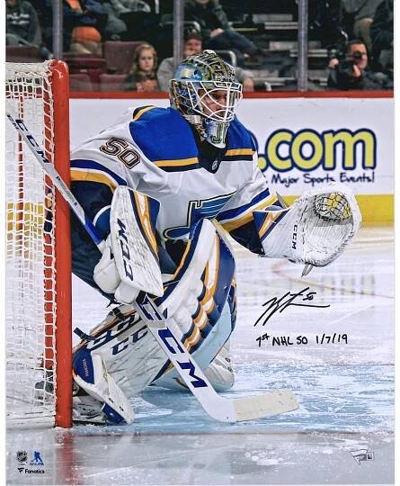 Autographed St. Louis Blues Jordan Binnington Fanatics Authentic 16" x 20" Photograph with "1st NHL SO 1/7/19" Inscription